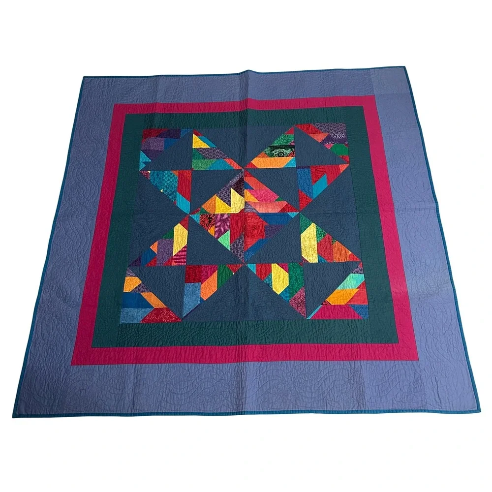 Signed Vintage 1993 Nancy Elliott MacDonald Crazy Patch Star Quilt 50x50 Cotton